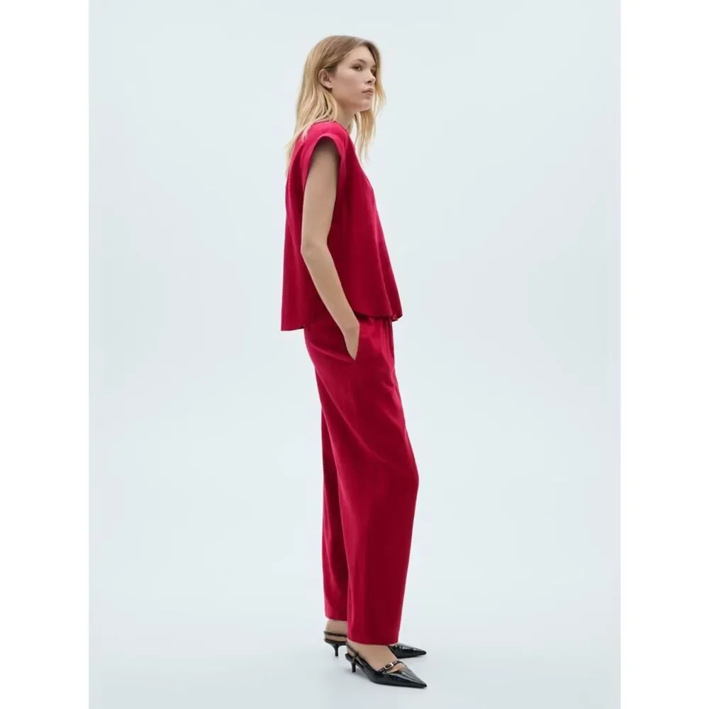 Mango Co-Ord Linen Set Flowy Pants and Blouse New